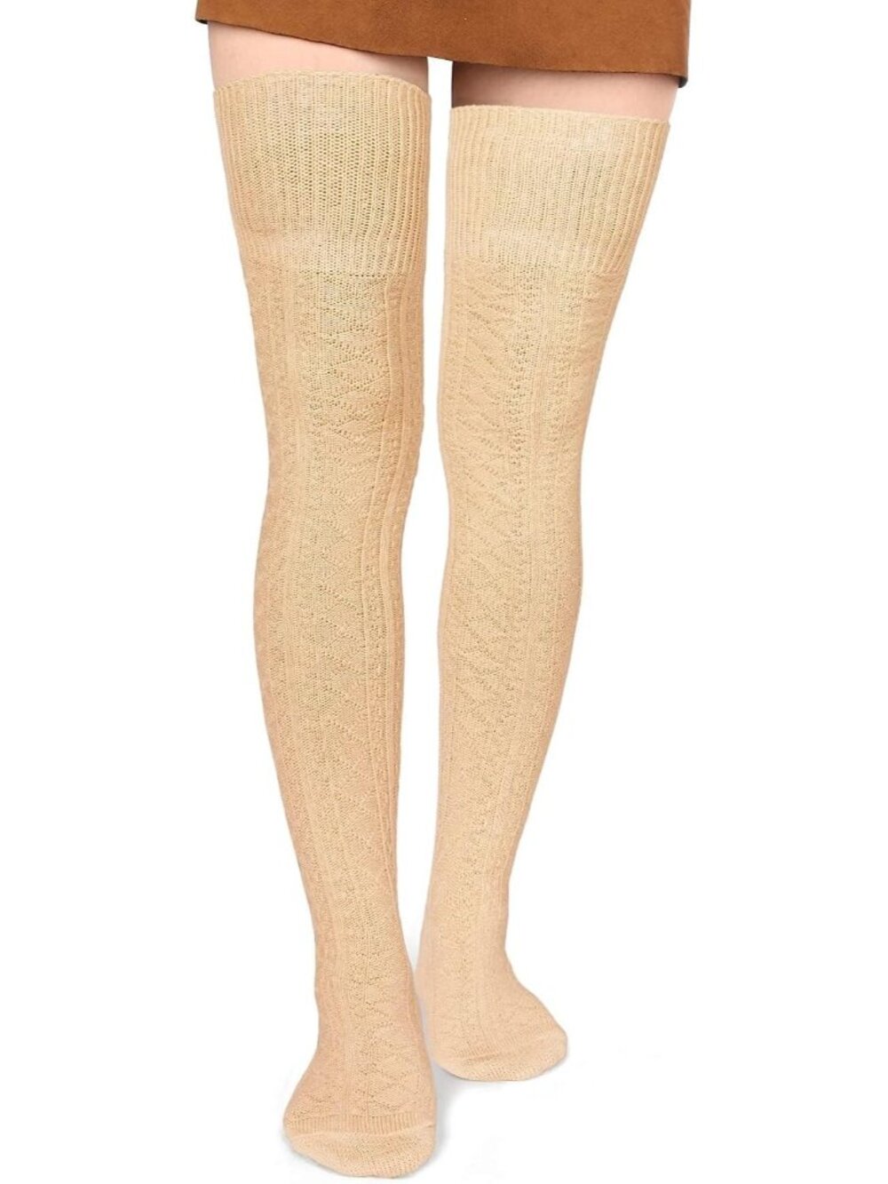 Women's Beige Cotton Knit Stocking Over The Knee Thigh High Socks Boots